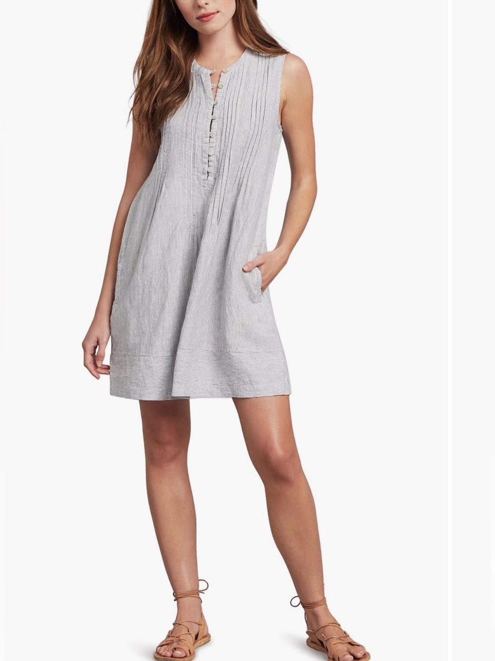 Faherty Isha 100% Linen Pintuck Shift Dress With Pockets Womens Medium